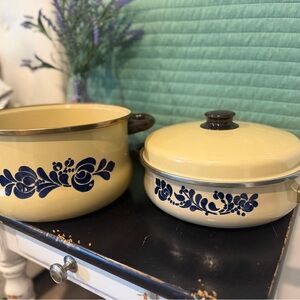 Pfaltzgraff Enamel Pots with Blue Floral Motif